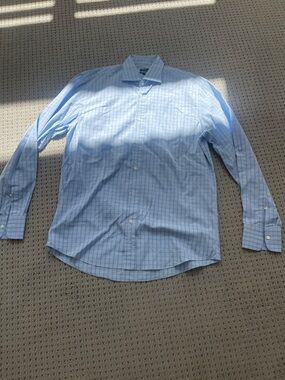 Men's Light Blue Windowpane Dress Shirt with Spread Collar